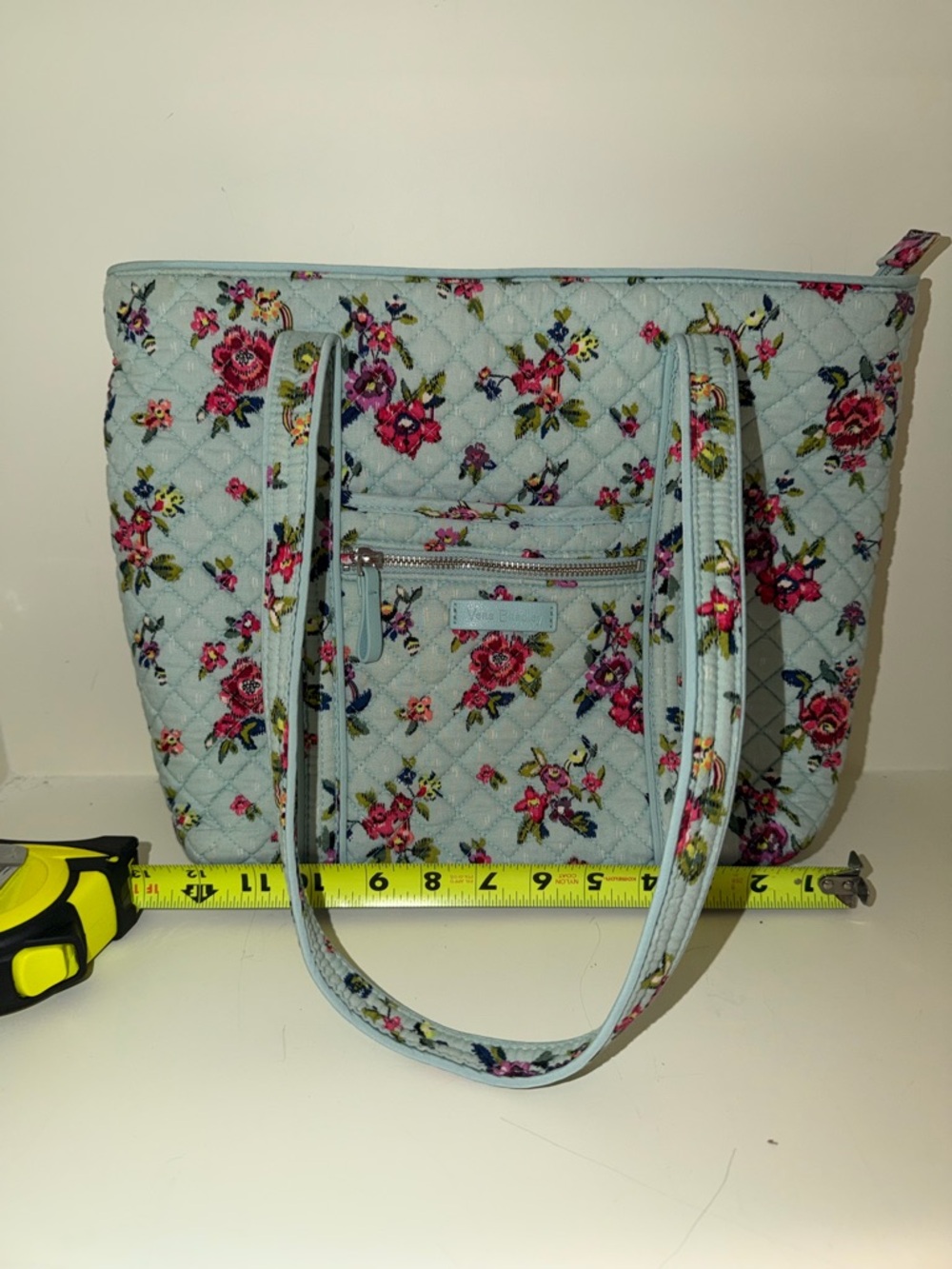 Vera Bradley Quilted Floral Tote in Light Blue with Pink Accents